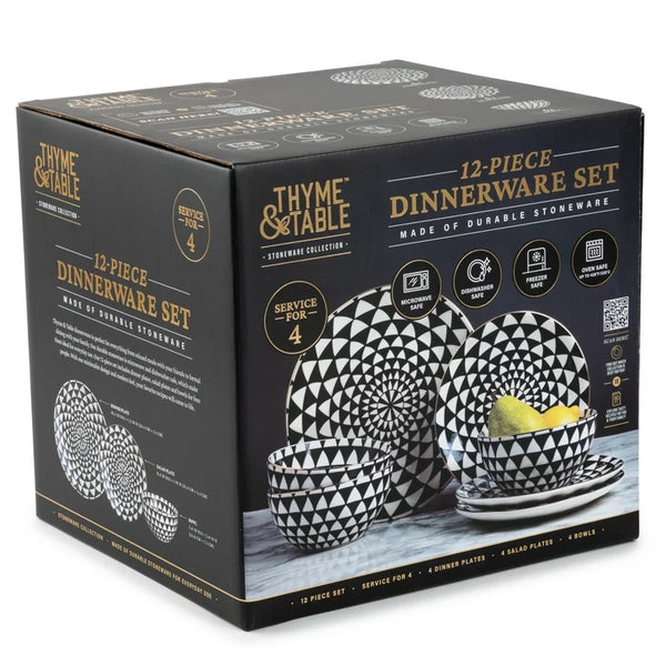 Thyme & Table Dinnerware Black & White Medallion Stoneware, 12 Piece Set