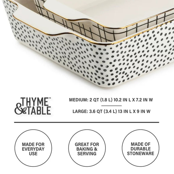 Thyme & Table Stoneware Rectangular Baker, Baking Dish, Black & White Dot, 2-Piece Set