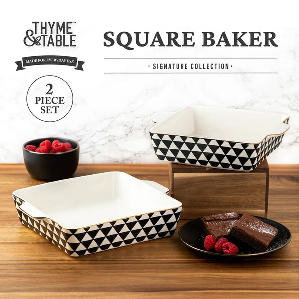 Thyme & Table Stoneware Square Baker, Black & White Medallian, 2-Piece Set