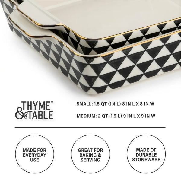Thyme & Table Stoneware Square Baker, Black & White Medallian, 2-Piece Set