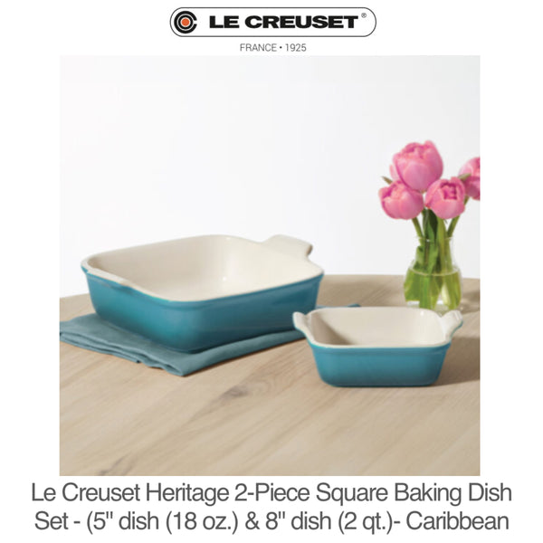 Le Creuset Heritage 2-Piece Square Baking Dish Set - 5" dish (18 oz.) & 8" dish (2 qt.) - CARIBBEAN