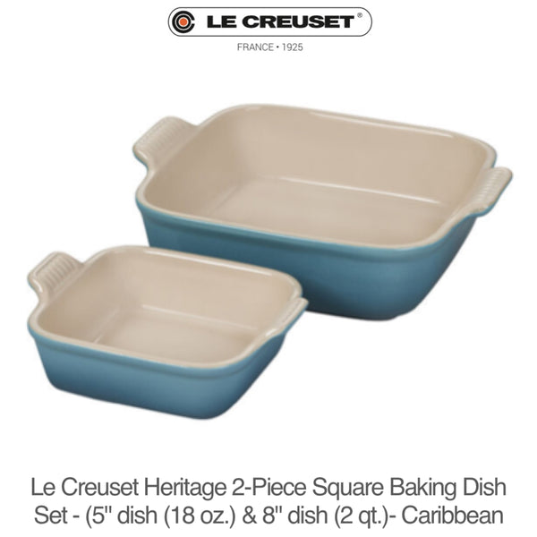 Le Creuset Heritage 2-Piece Square Baking Dish Set - 5" dish (18 oz.) & 8" dish (2 qt.) - CARIBBEAN