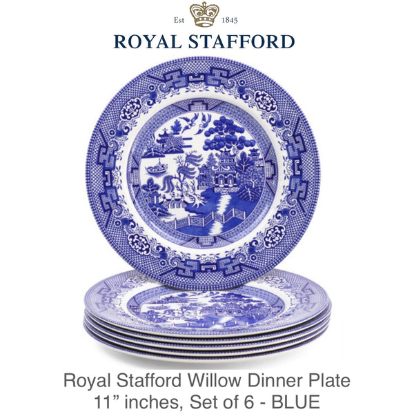 Royal Stafford Ceramic Willow Dinner Plates 11" inches, 6pc set - BLUE
