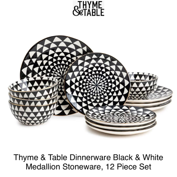 Thyme & Table Dinnerware Black & White Medallion Stoneware, 12 Piece Set