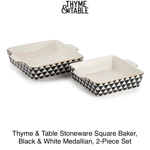Thyme & Table Stoneware Square Baker, Black & White Medallian, 2-Piece Set