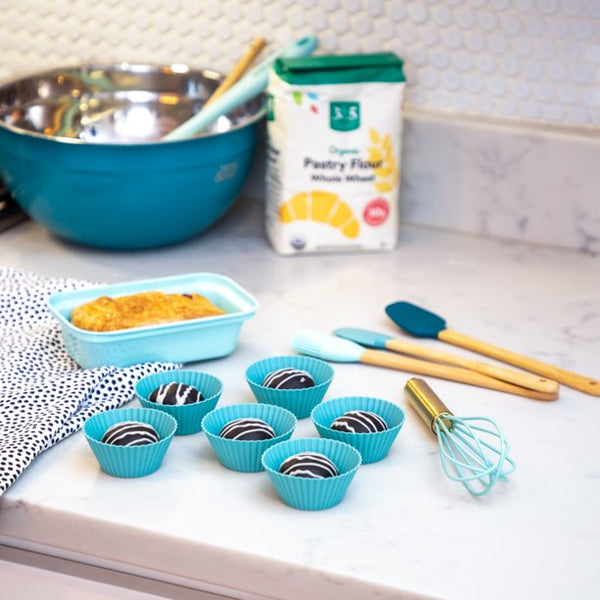 Thyme & Table Mini Kitchen Utensil Set with Whisk, Spatula, Mini Loaf Pan, Cupcake Liners, 11 Pieces - TEAL
