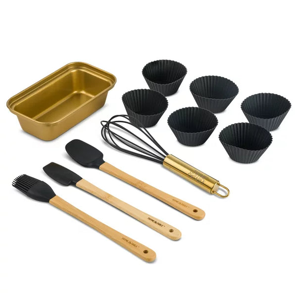 Thyme & Table Mini Kitchen Utensil Set with Whisk, Spatula, Mini Loaf Pan, Cupcake Liners, 11 Pieces - GOLD