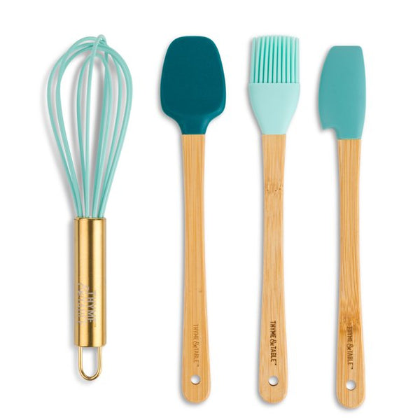 Thyme & Table Mini Kitchen Utensil Set with Whisk, Spatula, Mini Loaf Pan, Cupcake Liners, 11 Pieces - TEAL