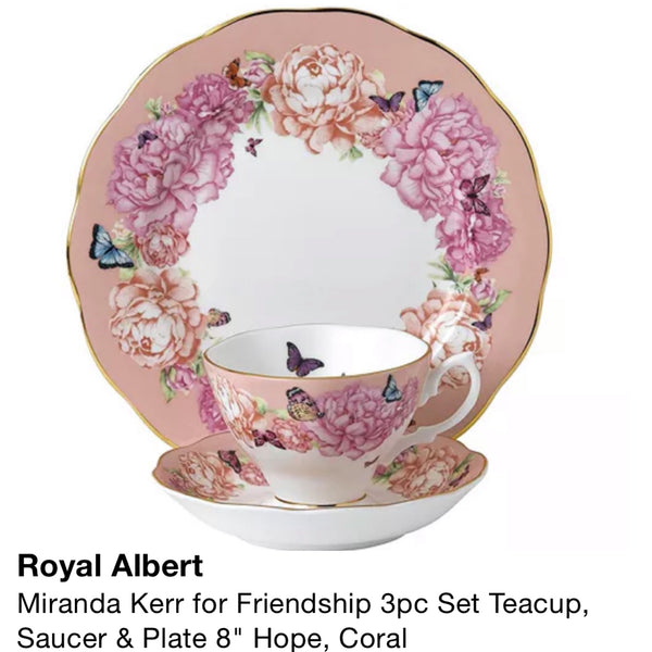 Royal Albert Miranda Kerr for Friendship 3pc Set Teacup, Saucer & Plate 8" Hope, Coral
