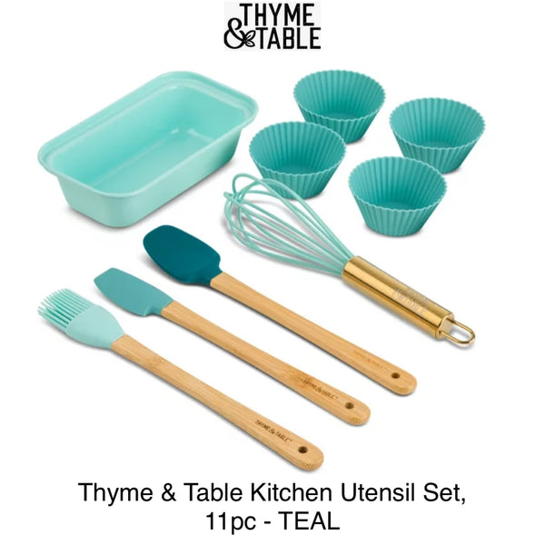 Thyme & Table Mini Kitchen Utensil Set with Whisk, Spatula, Mini Loaf Pan, Cupcake Liners, 11 Pieces - TEAL