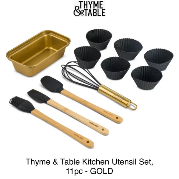 Thyme & Table Mini Kitchen Utensil Set with Whisk, Spatula, Mini Loaf Pan, Cupcake Liners, 11 Pieces - GOLD
