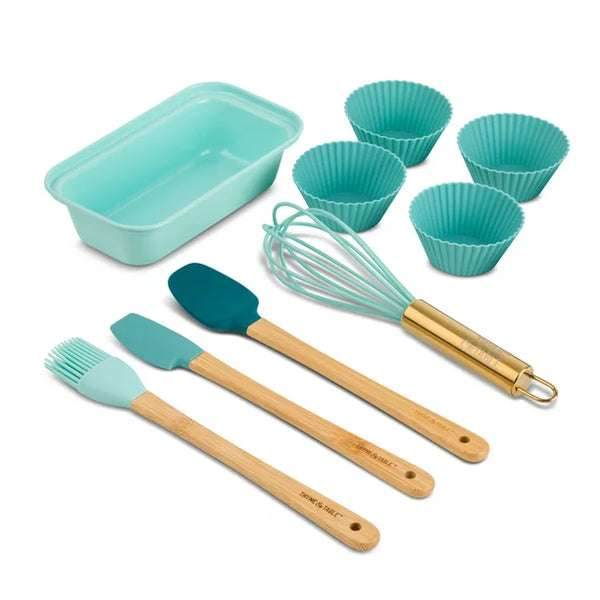 Thyme & Table Mini Kitchen Utensil Set with Whisk, Spatula, Mini Loaf Pan, Cupcake Liners, 11 Pieces - TEAL