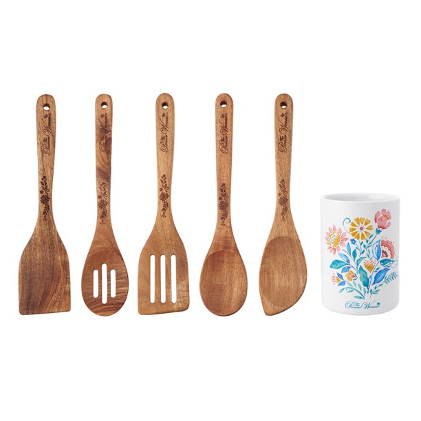 THE PIONEER WOMAN 6 Piece Gorgeous Garden Utensil Crock with Wood Tools