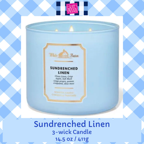 Bath & Body Works 🇺🇸 SUN-DRENCHED LINEN 3-wick Candle 14.5 oz / 411 g