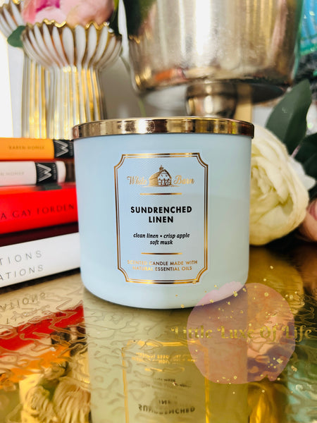 Bath & Body Works 🇺🇸 SUN-DRENCHED LINEN 3-wick Candle 14.5 oz / 411 g