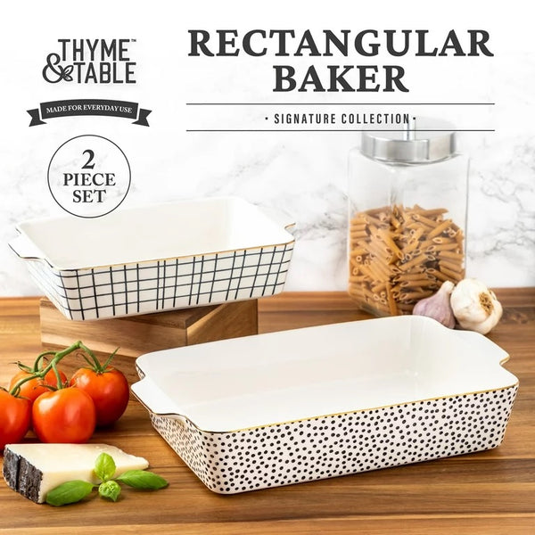 Thyme & Table Stoneware Rectangular Baker, Baking Dish, Black & White Dot, 2-Piece Set