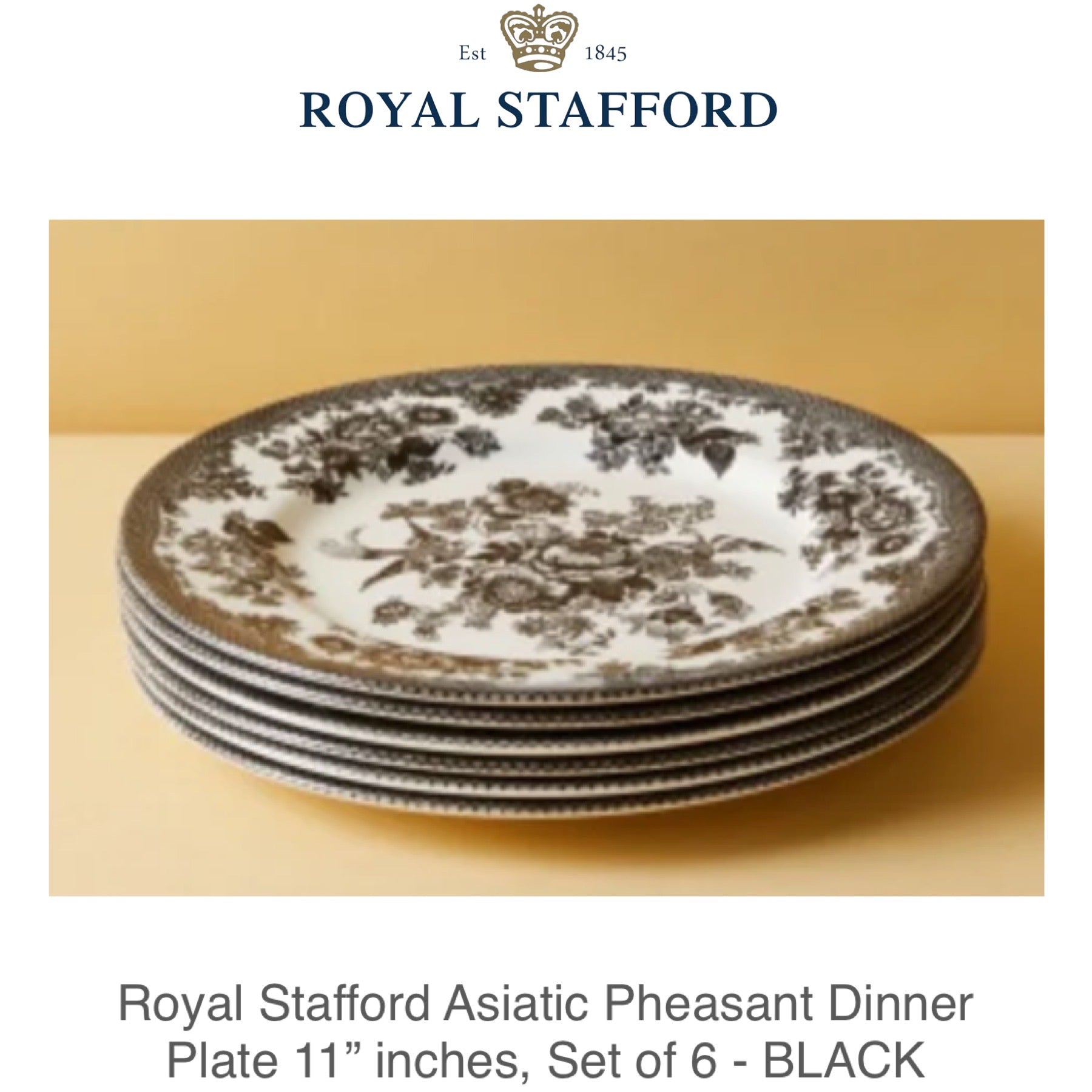 Royal Stafford Ceramic Asiatic Pheasant Dinner Plates 11" inches, 6pc set - BLACK