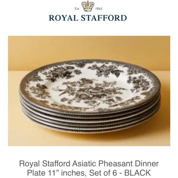 Royal Stafford Ceramic Asiatic Pheasant Dinner Plates 11" inches, 6pc set - BLACK