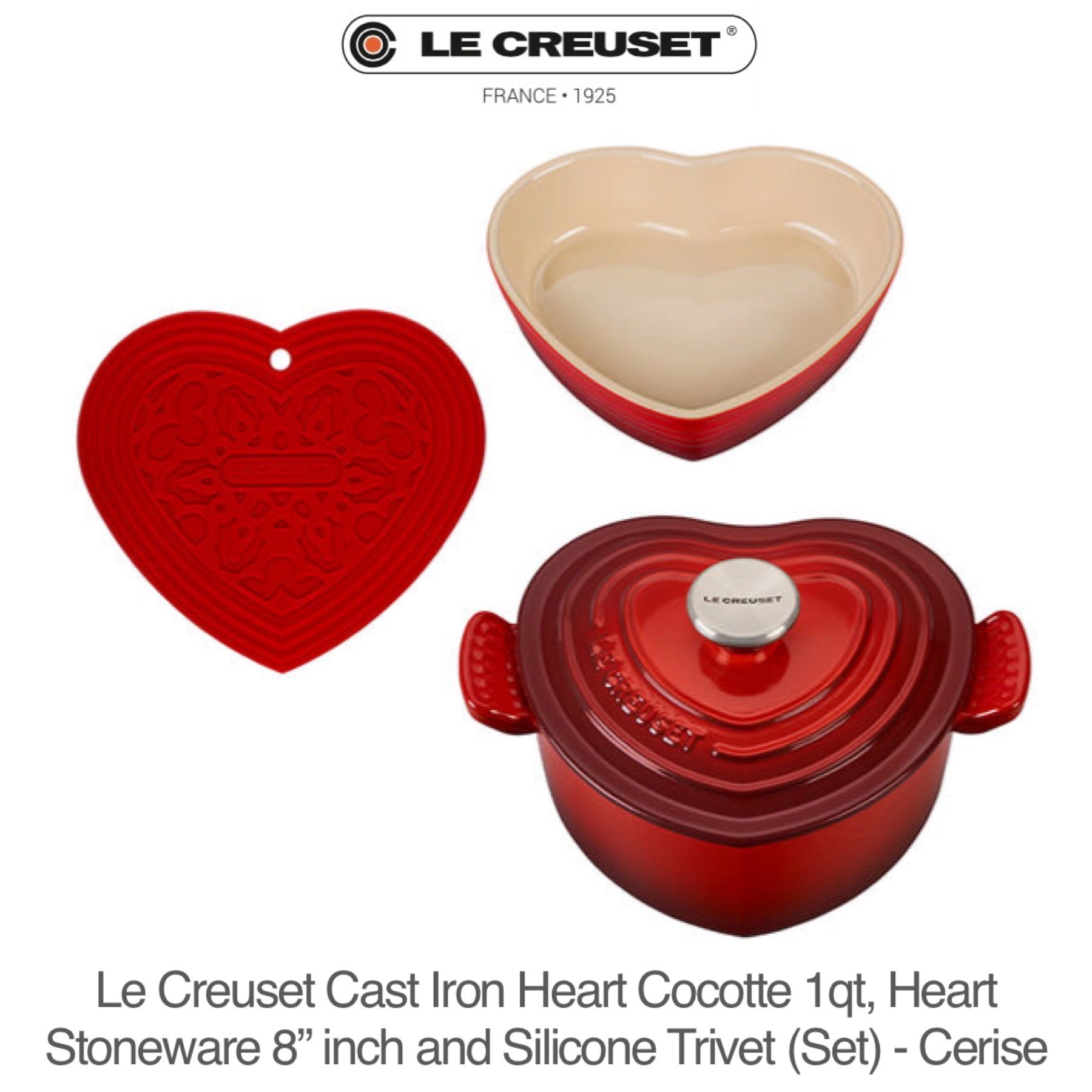 Le Creuset Petite Ramekin D'Amour Heart Shaped Cocotte Set Of 2 - Red Stoneware With Tray