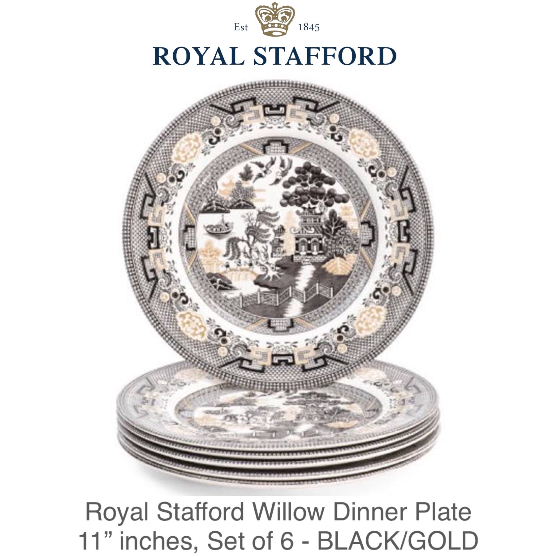 Royal Stafford Ceramic Willow Dinner Plates 11" inches, 6pc set - BLACK/GOLD