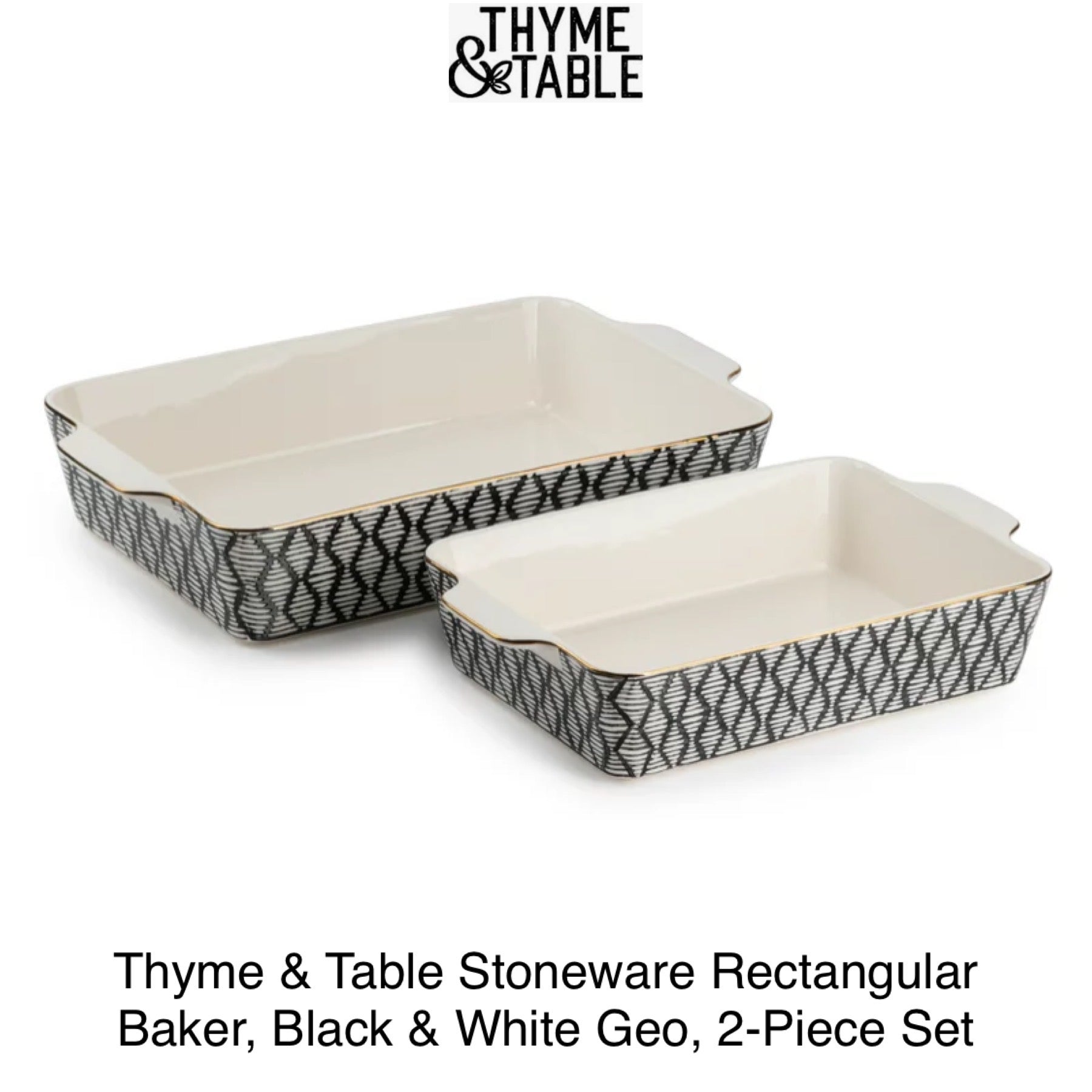 Thyme & Table Stoneware Rectangular Baker, Black & White Geo, 2-Piece Set