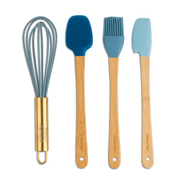 Thyme & Table Mini Kitchen Utensil Set with Whisk, Spatula, Mini Loaf Pan, Cupcake Liners, 11 Pieces - BLUE