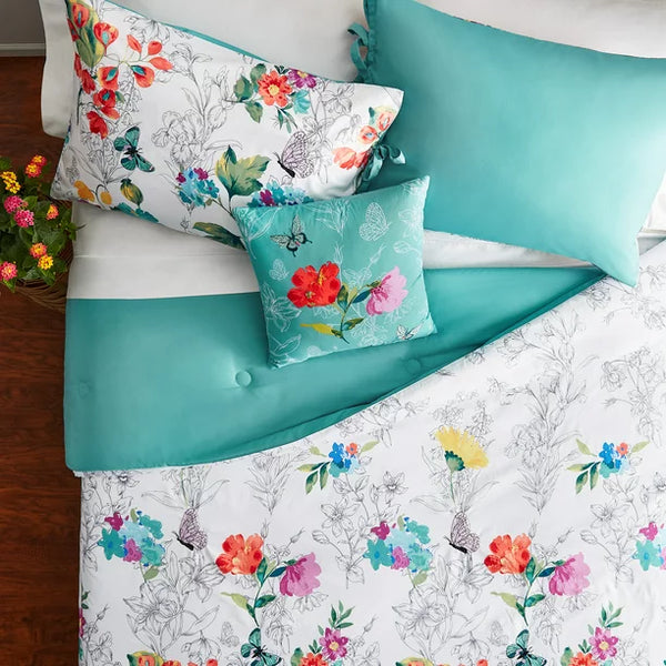 The Pioneer Woman Teal Polyester Blooming Bouquet 4 Piece Comforter Set, King