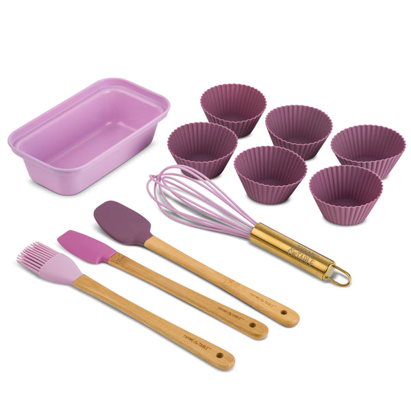 Thyme & Table Mini Kitchen Utensil Set with Whisk, Spatula, Mini Loaf Pan, Cupcake Liners, 11 Pieces - LAVENDER