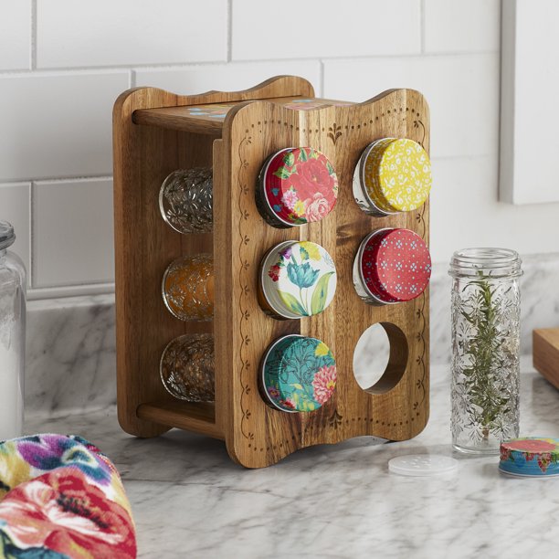 The Pioneer Woman Sweet Rose Acacia Wood Spice Rack with Glass Decorative Jars