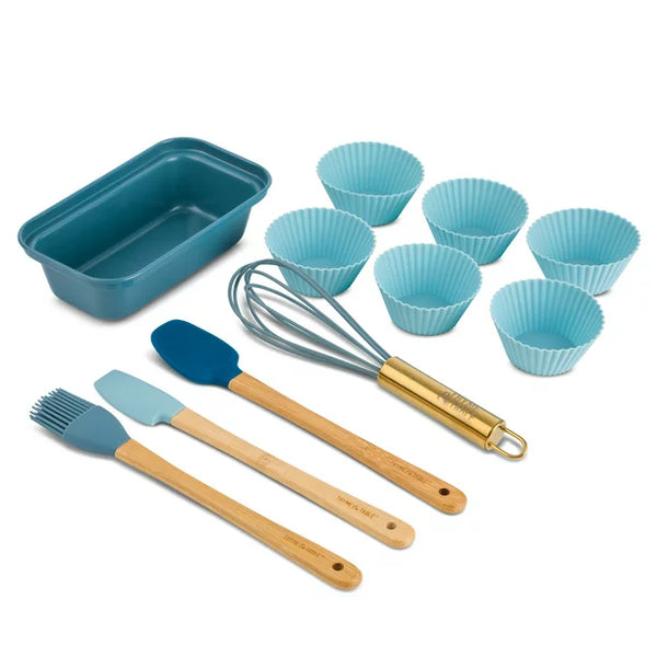 Thyme & Table Mini Kitchen Utensil Set with Whisk, Spatula, Mini Loaf Pan, Cupcake Liners, 11 Pieces - BLUE