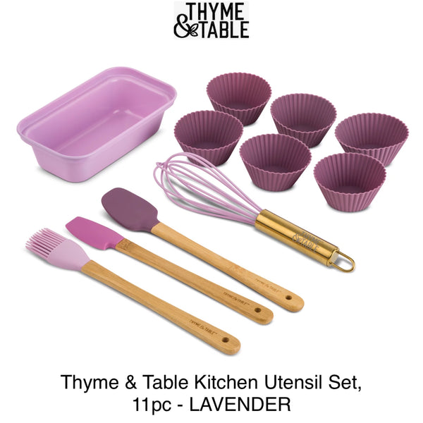 Thyme & Table Mini Kitchen Utensil Set with Whisk, Spatula, Mini Loaf Pan, Cupcake Liners, 11 Pieces - LAVENDER