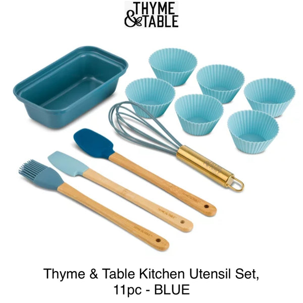 Thyme & Table Mini Kitchen Utensil Set with Whisk, Spatula, Mini Loaf Pan, Cupcake Liners, 11 Pieces - BLUE